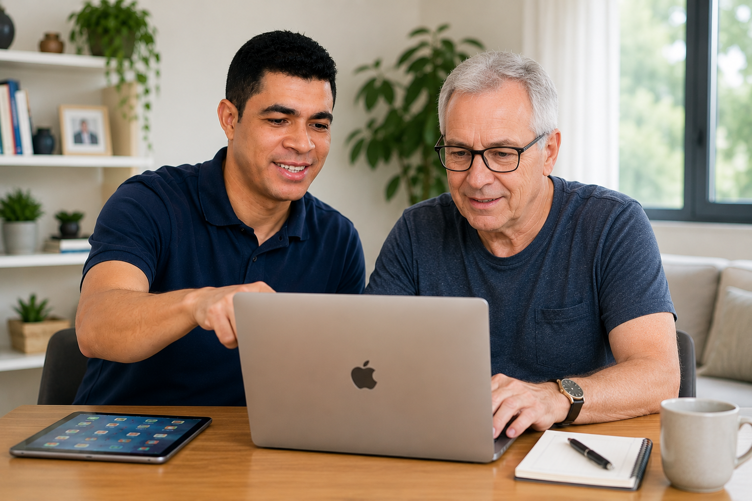 Romilson com aluno durante aula de MacBook